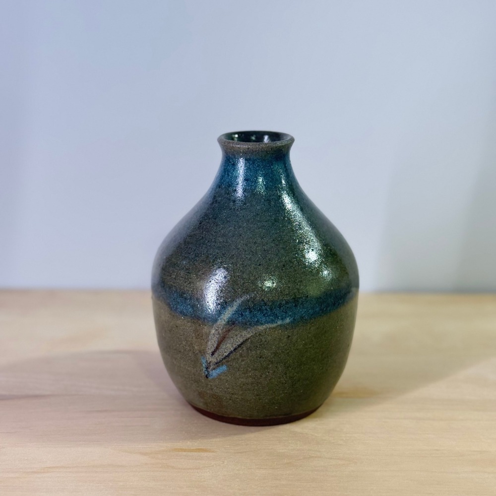 Studio Pottery Bud Vase Salt Glazed Stoneware Blue Brown Abstract Leaf 6in